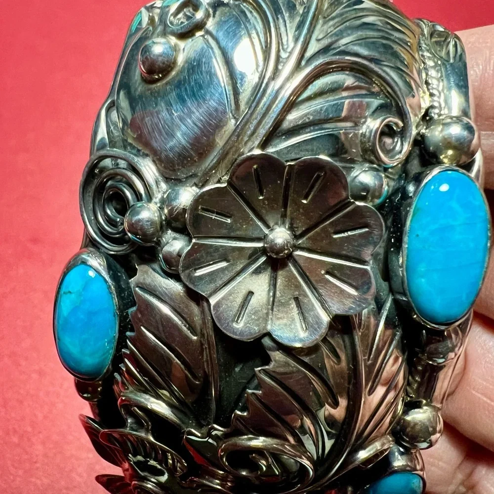 Vintage sterling silver Cuff Bracelet c11 925 Mexico Flower design/ turquoise - Picture 4 of 16